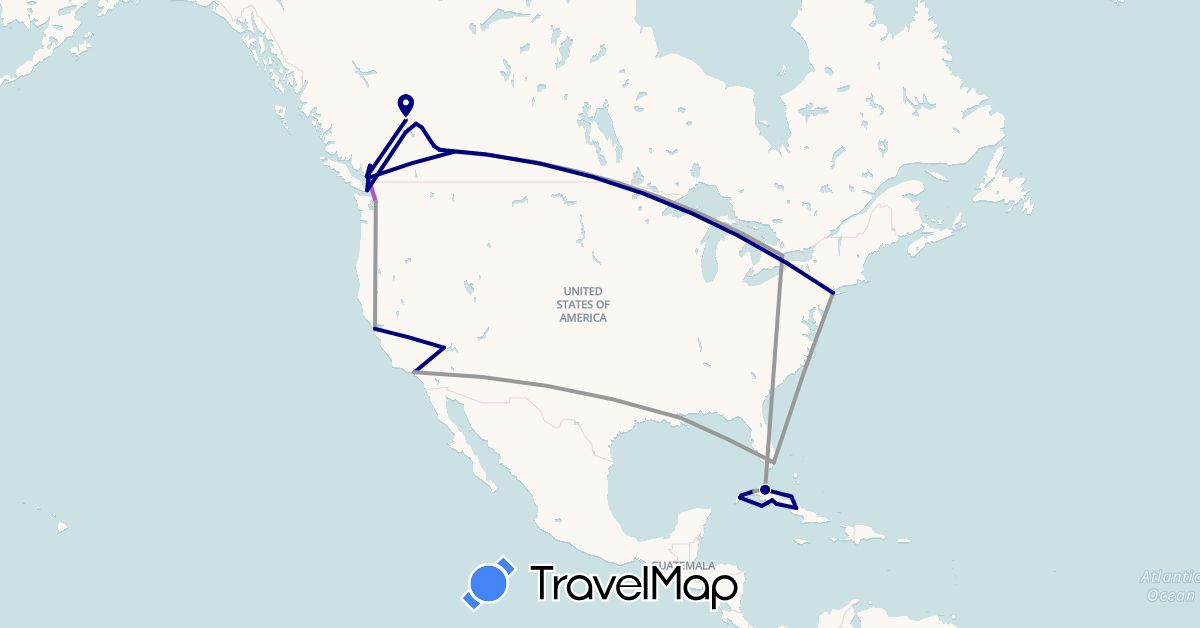TravelMap itinerary: driving, plane, train in Canada, Cuba, United States (North America)